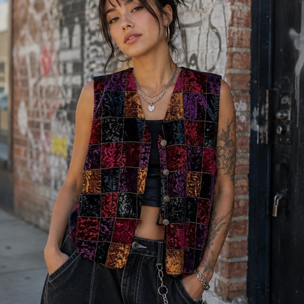 Dark Academia Vintage Velvet Patchwork Vest Fall Jewel Tones M Streetwear Grunge